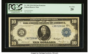 image for: Fr. 949 $10 1914 Federal Reserve Note PCGS Very Fine 20....