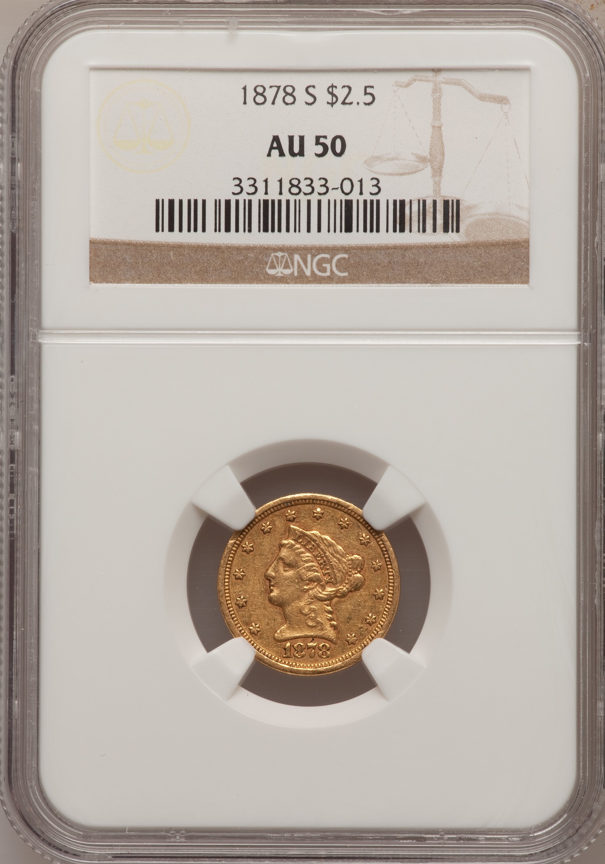 1878-S $2 1/2 AU50 NGC. NGC Census: (12/528). PCGS Population (35/305). Mintage: 178,000. Numismedia Wsl. Price for problem...