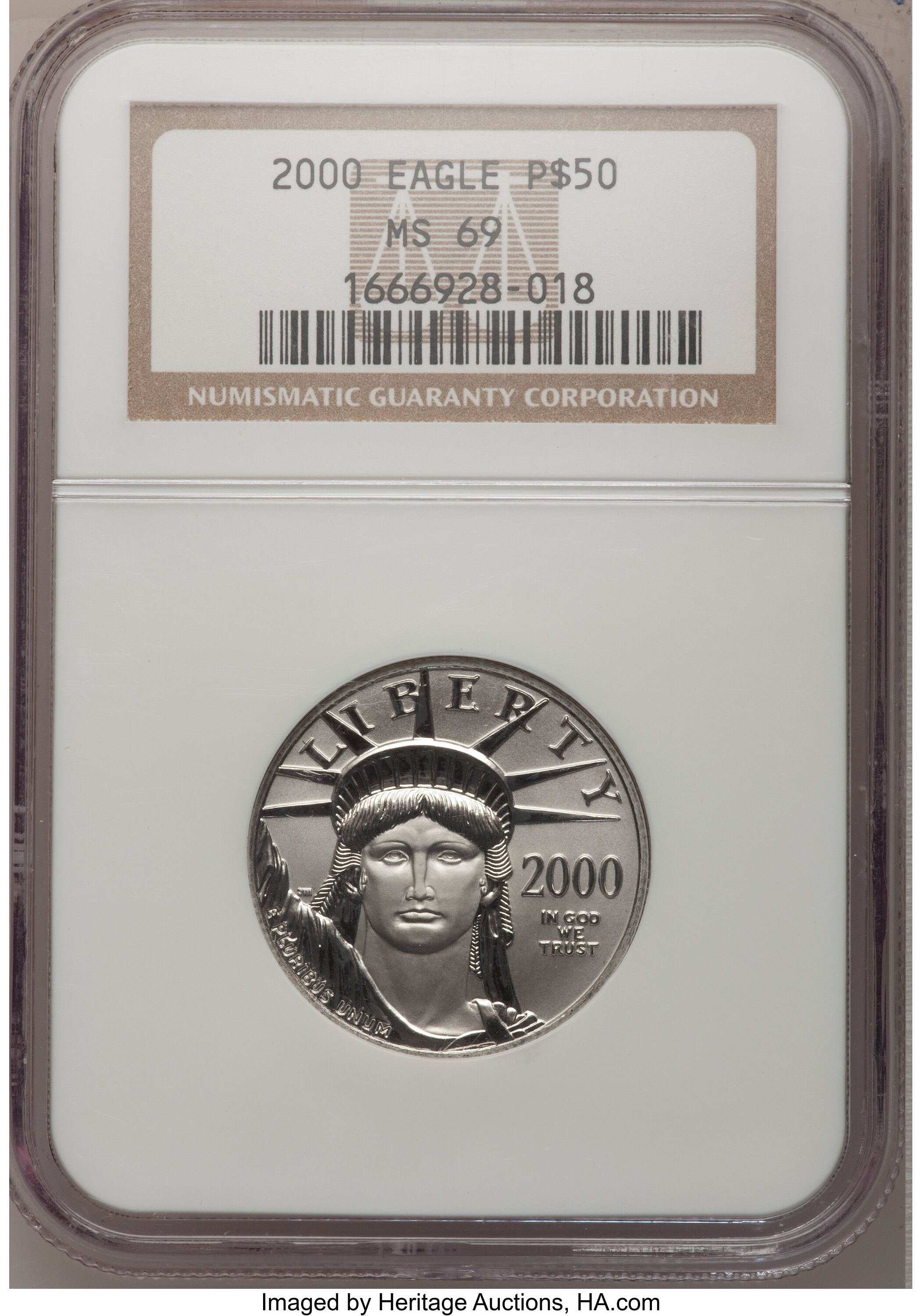 image for: 2000 P$50 Half-Ounce Platinum Eagle MS69 NGC. NGC Census: (1038/13). PCGS Population (950/0). Mintage: 18,892. Numismedia W...