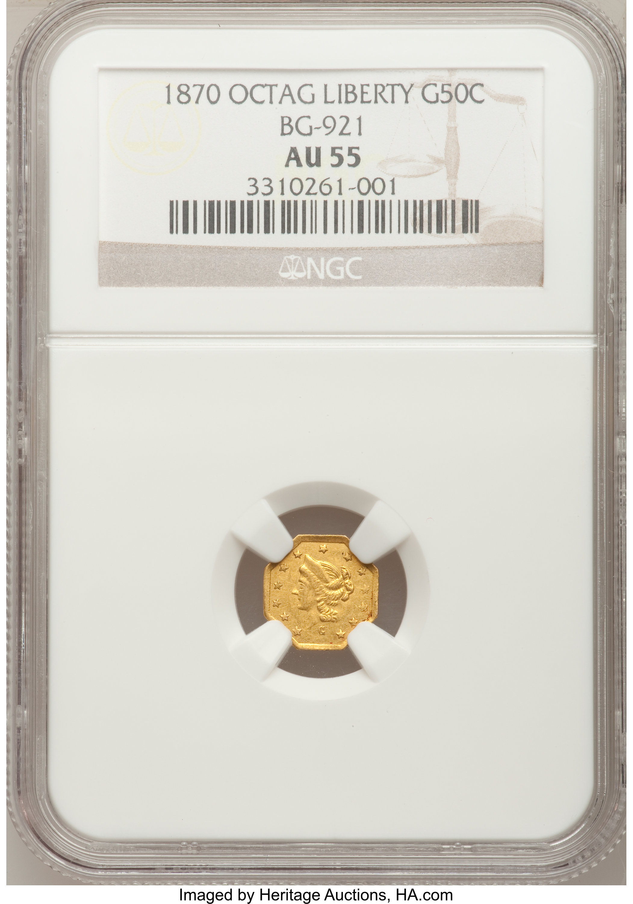 image for: 1870 50C Liberty Octagonal 50 Cents, BG-921, Low R.5, AU55 NGC. NGC Census: (1/2). PCGS Population (7/32).   (#10779)...
