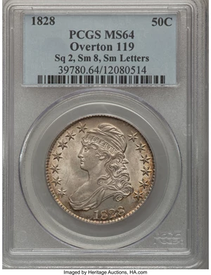 image for: 1828 50C Square Base 2, Small 8, Small Letters MS64 PCGS. O-119, R.3....