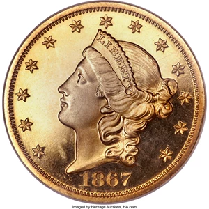 image for: 1867 $20 PR65+ Ultra Cameo NGC. CAC....