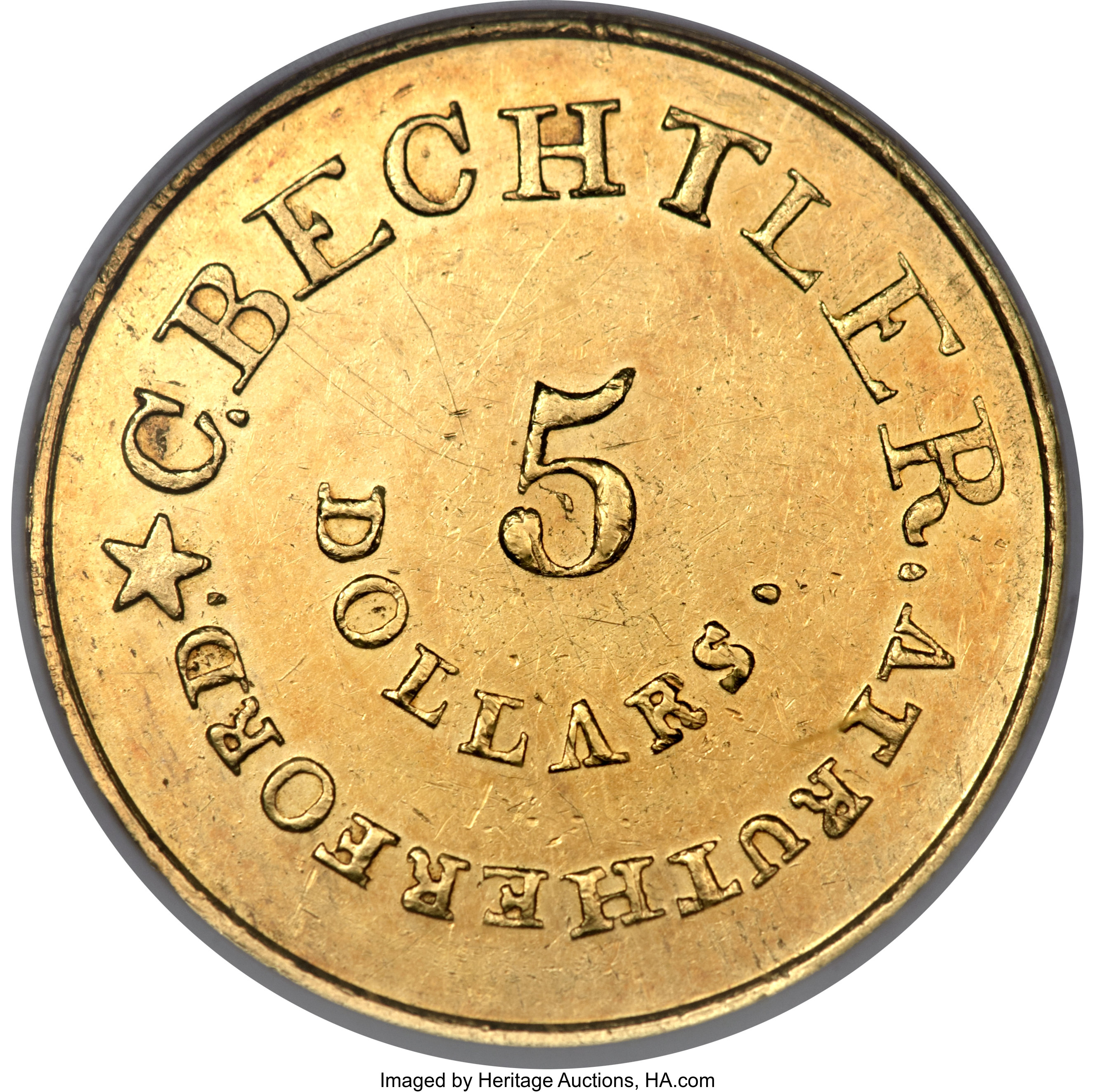image for: (1837-42) $5 C. Bechtler Five Dollar, Colons Obverse MS61 NGC. K-21, High R.7....