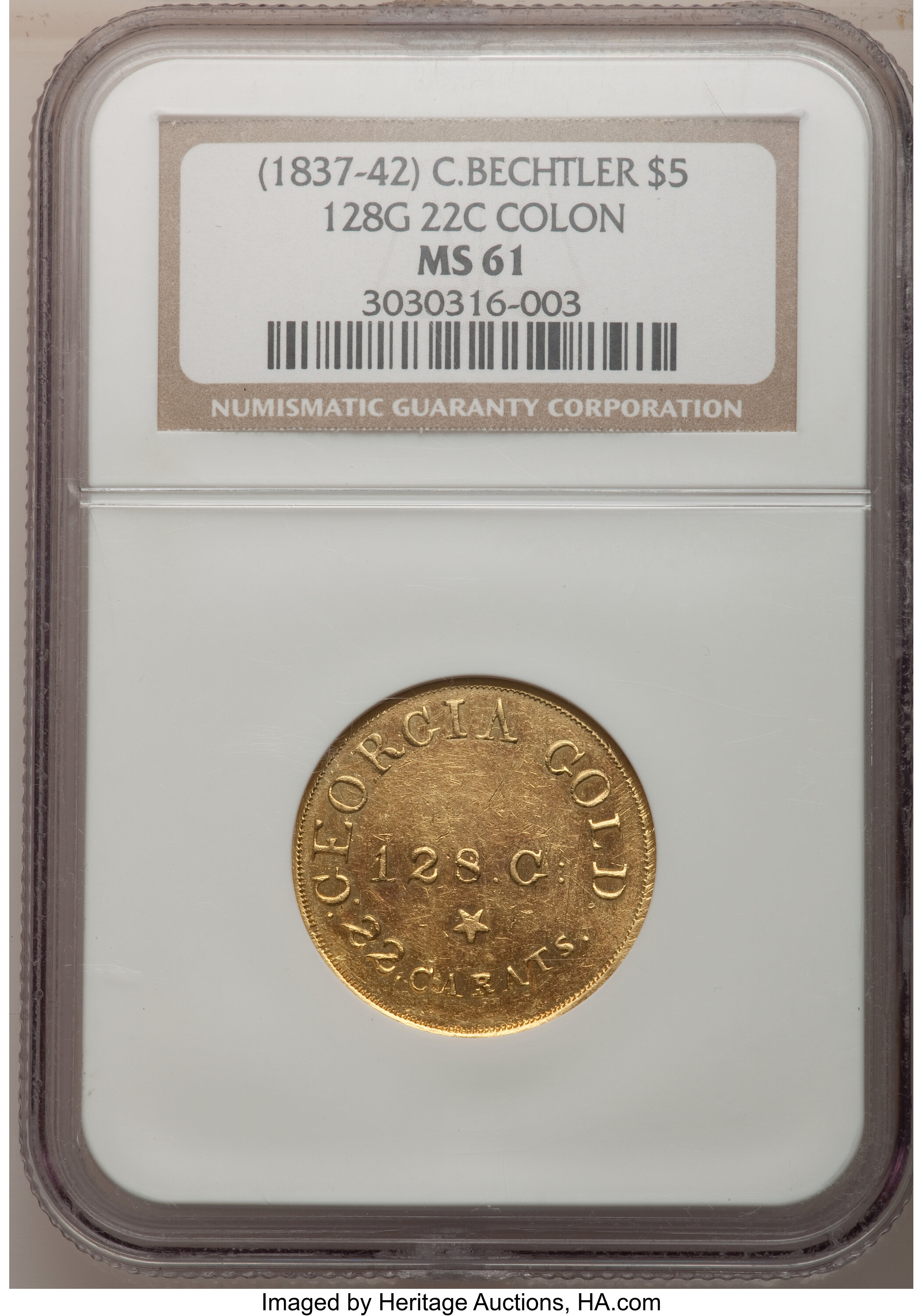 image for: (1837-42) $5 C. Bechtler Five Dollar, Colons Obverse MS61 NGC. K-21, High R.7....