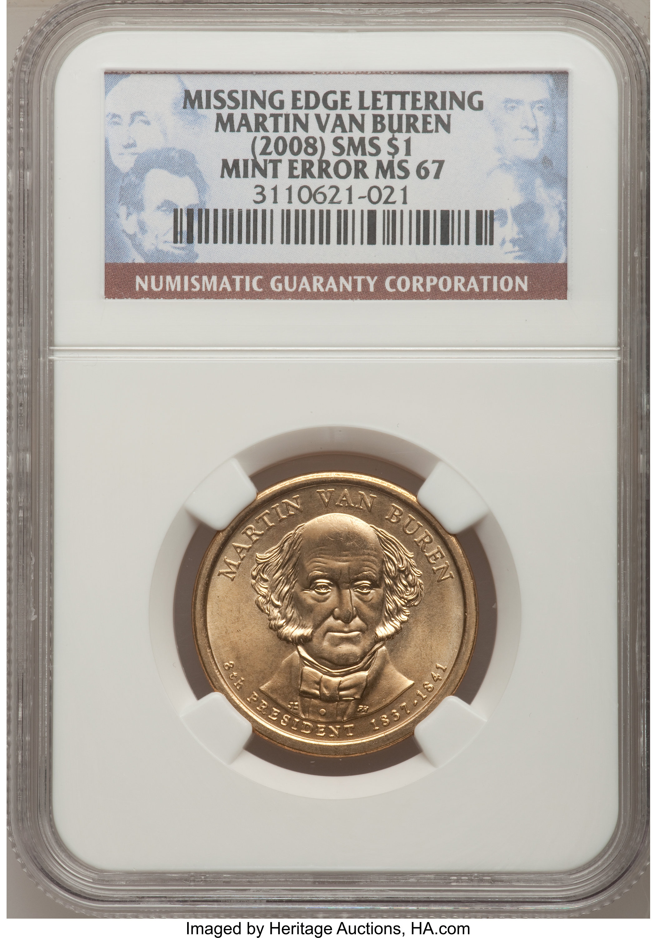 image for: (2008) $1 Martin Van Buren, Satin Finish--Missing Edge Lettering--MS67 SMS NGC....
