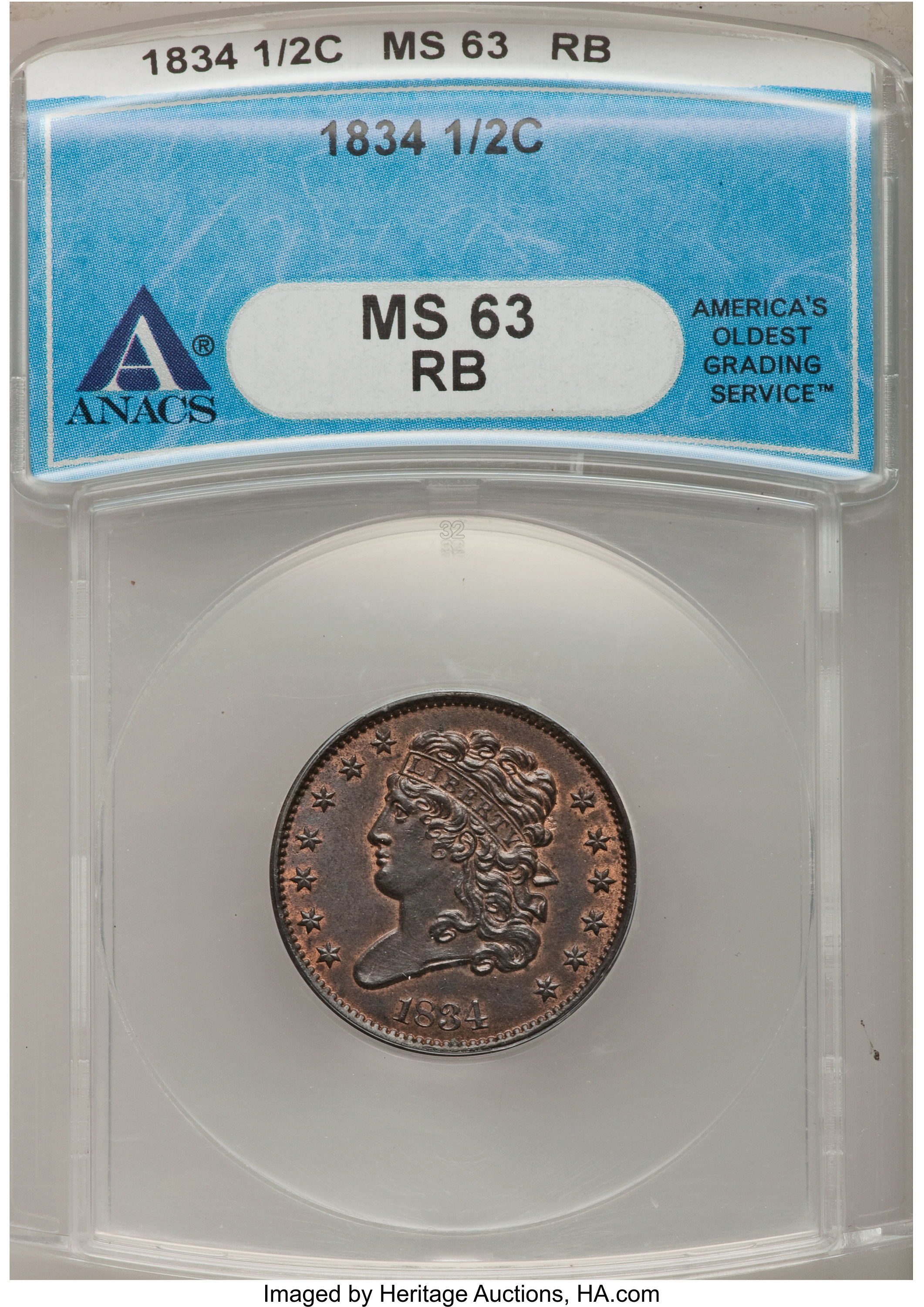 1834 1/2 C MS63 Red and Brown ANACS. NGC Census: (5/23). PCGS Population (16/26). Mintage: 141,000. Numismedia Wsl. Price f...