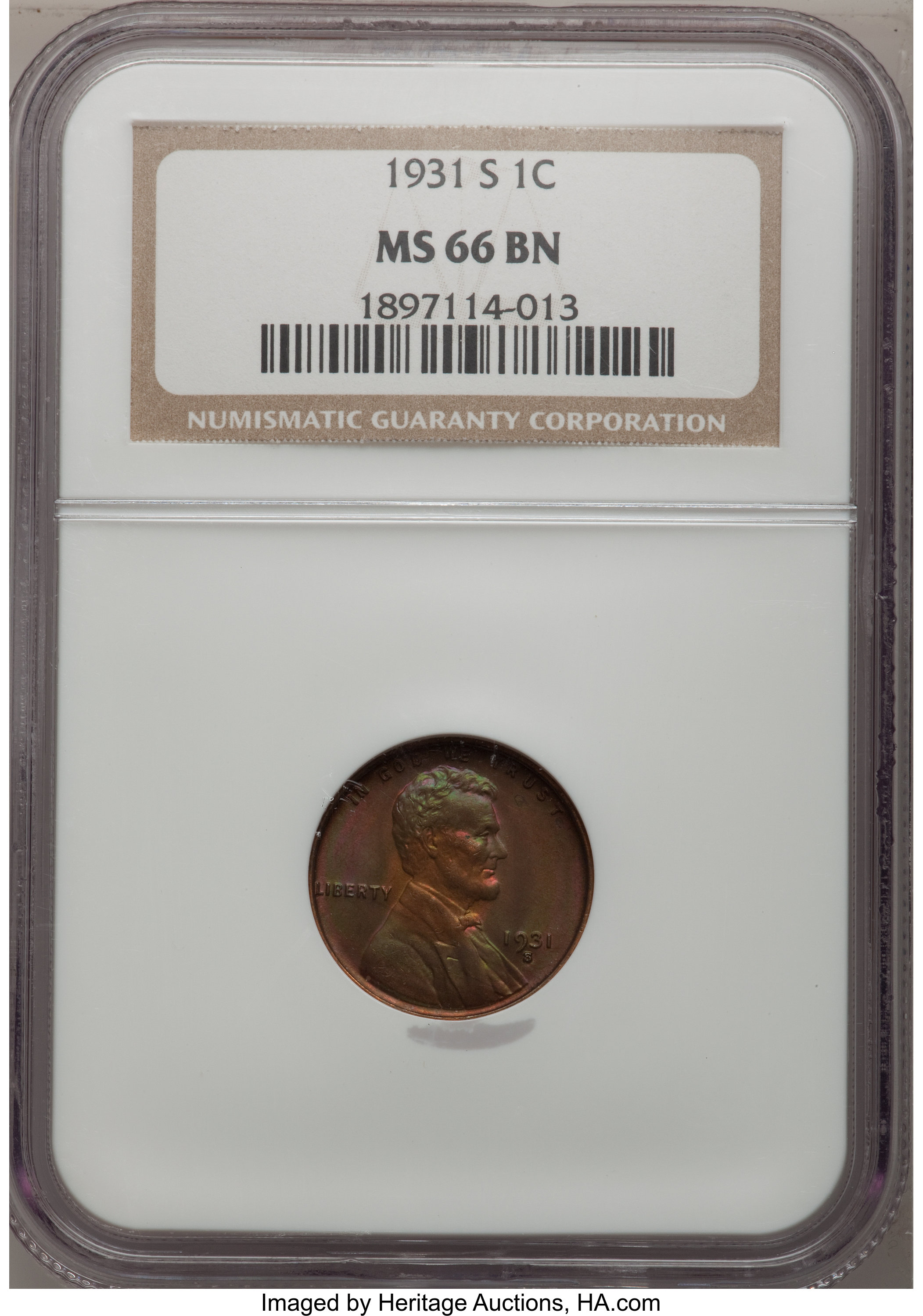 1931-S 1C MS66 Brown NGC. NGC Census: (8/0). PCGS Population (0/0). Mintage: 866,000. Numismedia Wsl. Price for problem fre...