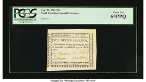 image for: North Carolina April 23, 1761 15s PCGS Choice New 63PPQ....