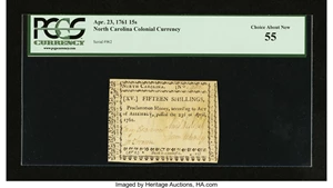 image for: North Carolina April 23, 1761 15s PCGS Choice About New 55....