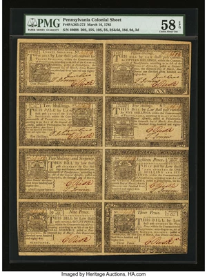 image for: Pennsylvania March 16, 1785 Complete Sheet 3d, 9d, 18d, 2s6d, 5s, 10s, 15s, and 20s PMG Choice About Unc 58 EPQ....