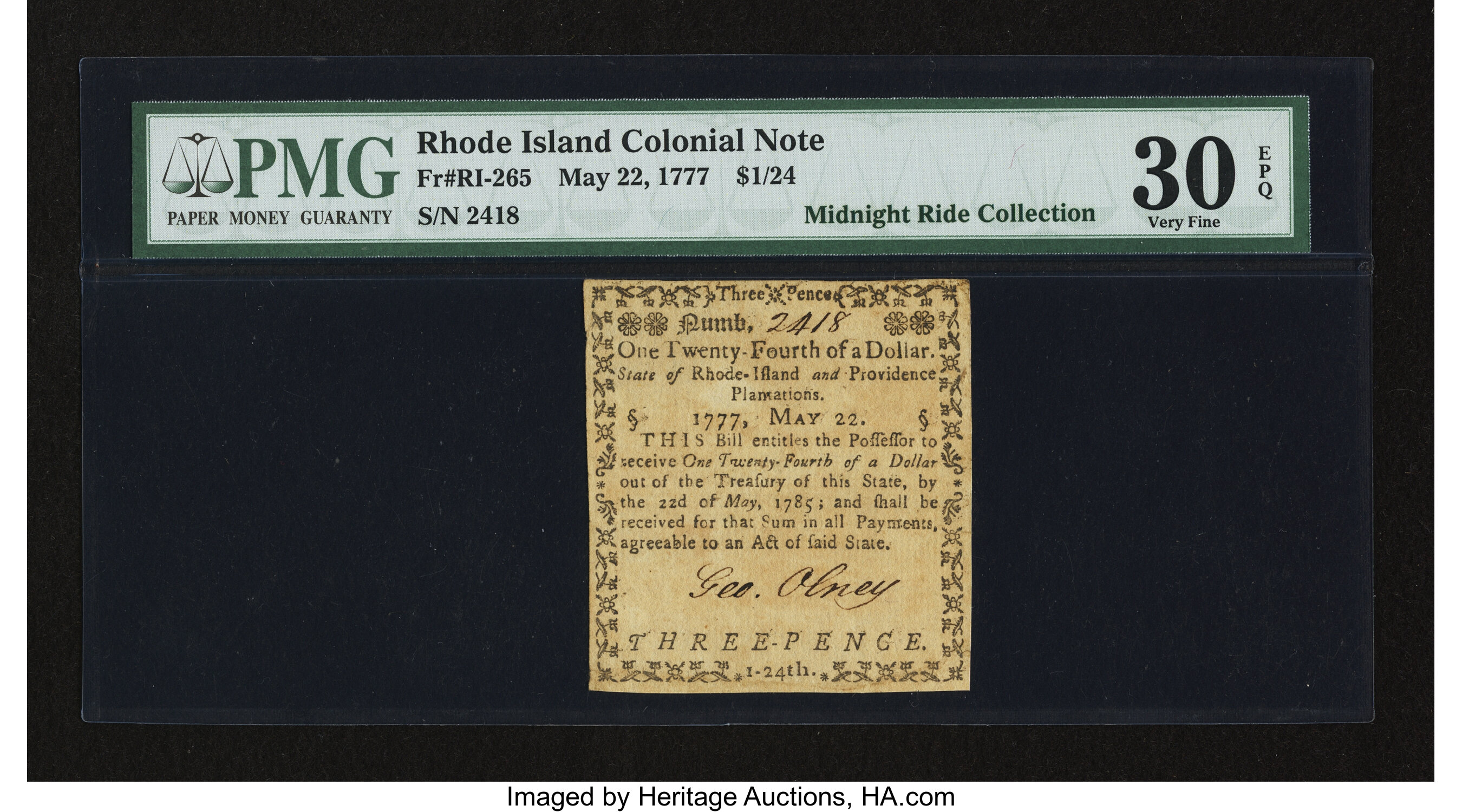 image for: Rhode Island May 22, 1777 $1/24 PMG Very Fine 30 EPQ....