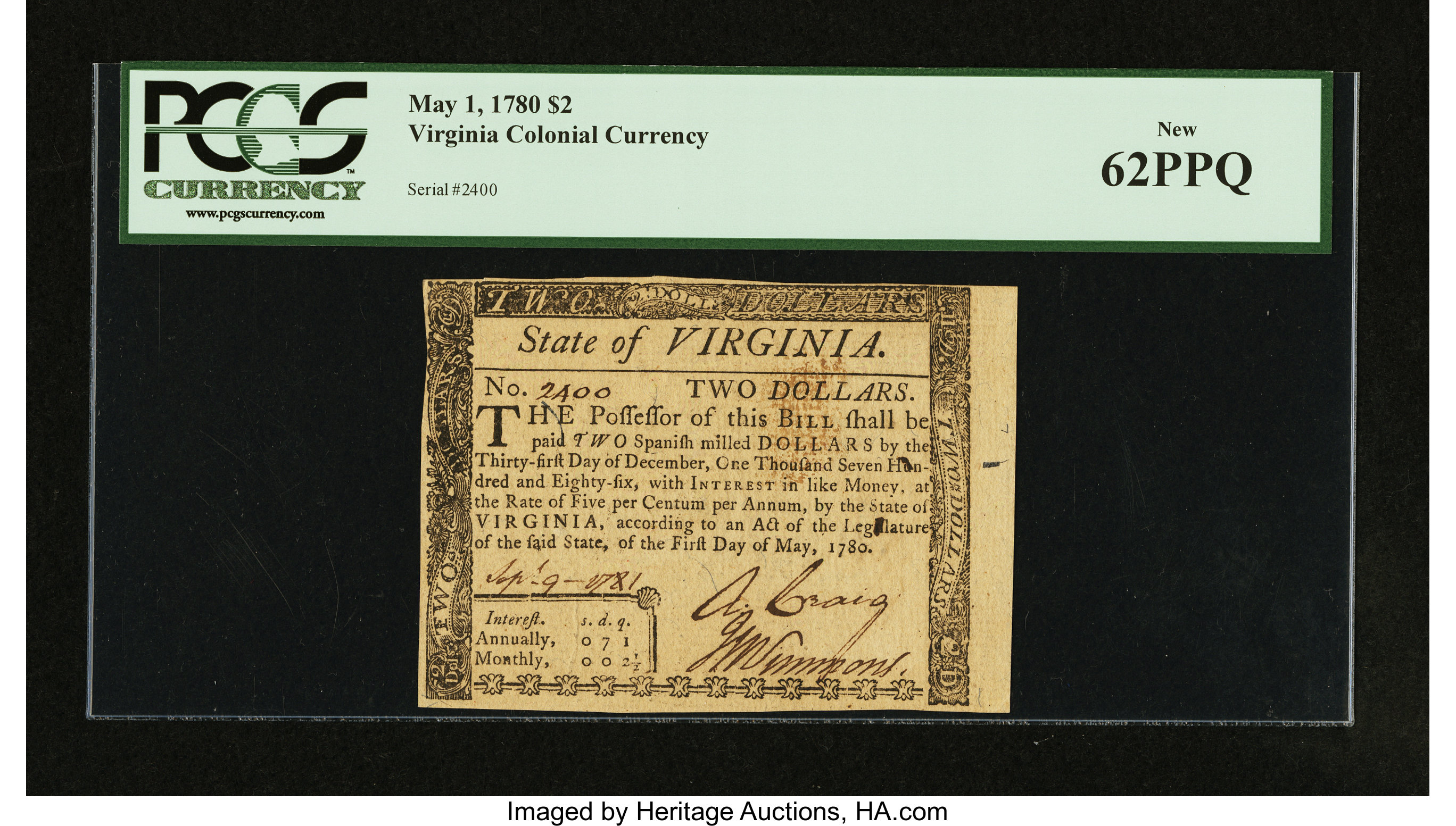image for: Virginia May 1, 1780 $2 PCGS New 62PPQ....