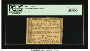 image for: Virginia May 1, 1780 $8 PCGS Choice About New 58PPQ....