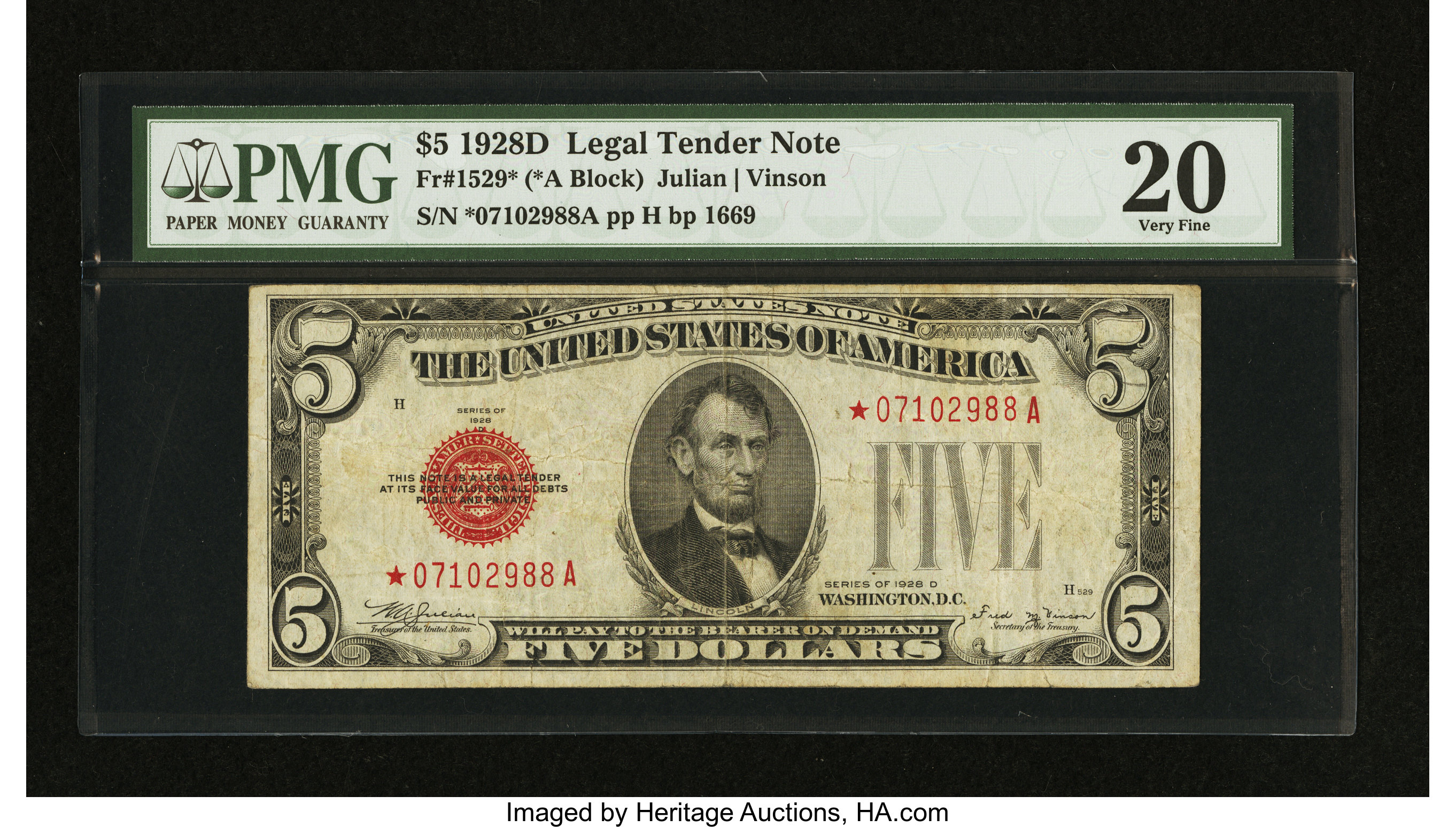 image for: Fr. 1529* $5 1928D Legal Tender Note. PMG Very Fine 20....