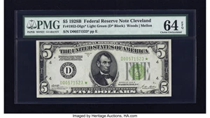 image for: Fr. 1952-D* $5 1928B Light Green Seal Federal Reserve Note. PMG Choice Uncirculated 64 EPQ....