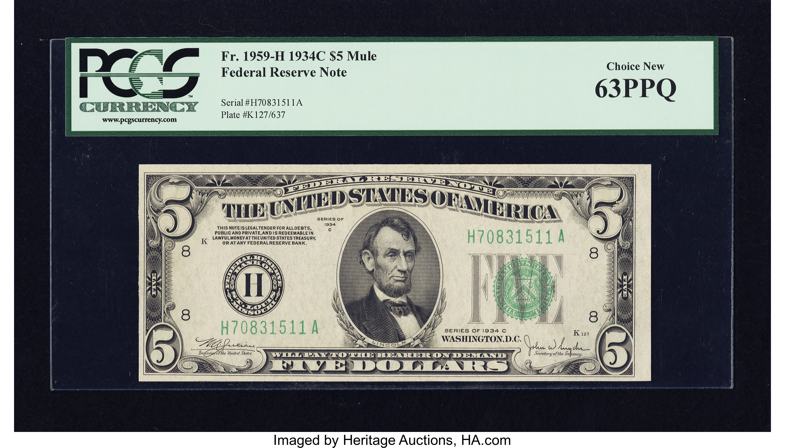 image for: Fr. 1959-H $5 1934C Mule Federal Reserve Note. PCGS Choice New 63PPQ....