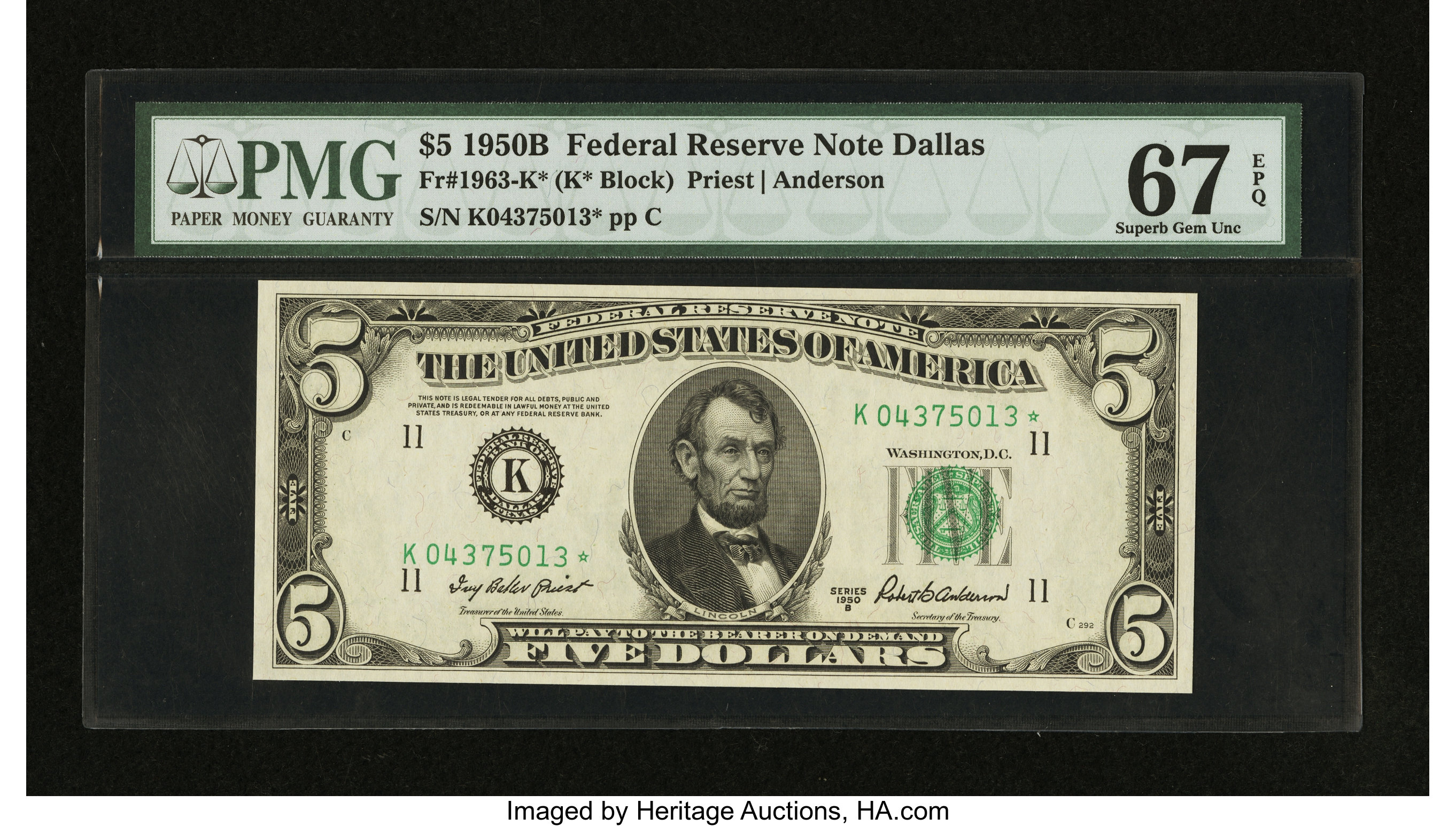 image for: Fr. 1963-K* $5 1950B Federal Reserve Note. PMG Superb Gem Unc 67 EPQ....
