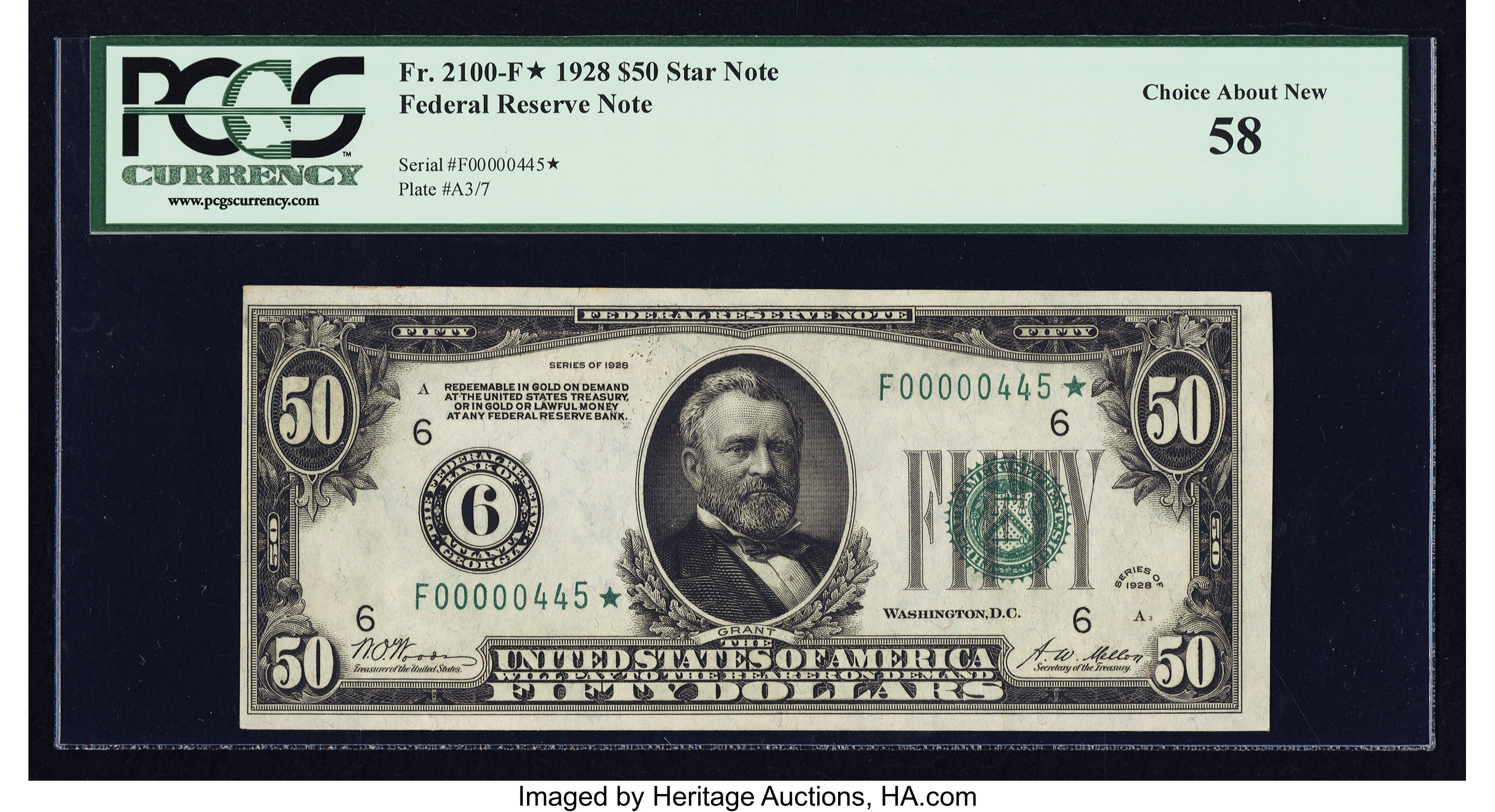 image for: Fr. 2100-F* $50 1928 Federal Reserve Note. PCGS Choice About New 58....