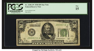 image for: Fr. 2100-J* $50 1928 Federal Reserve Note. PCGS Fine 15....