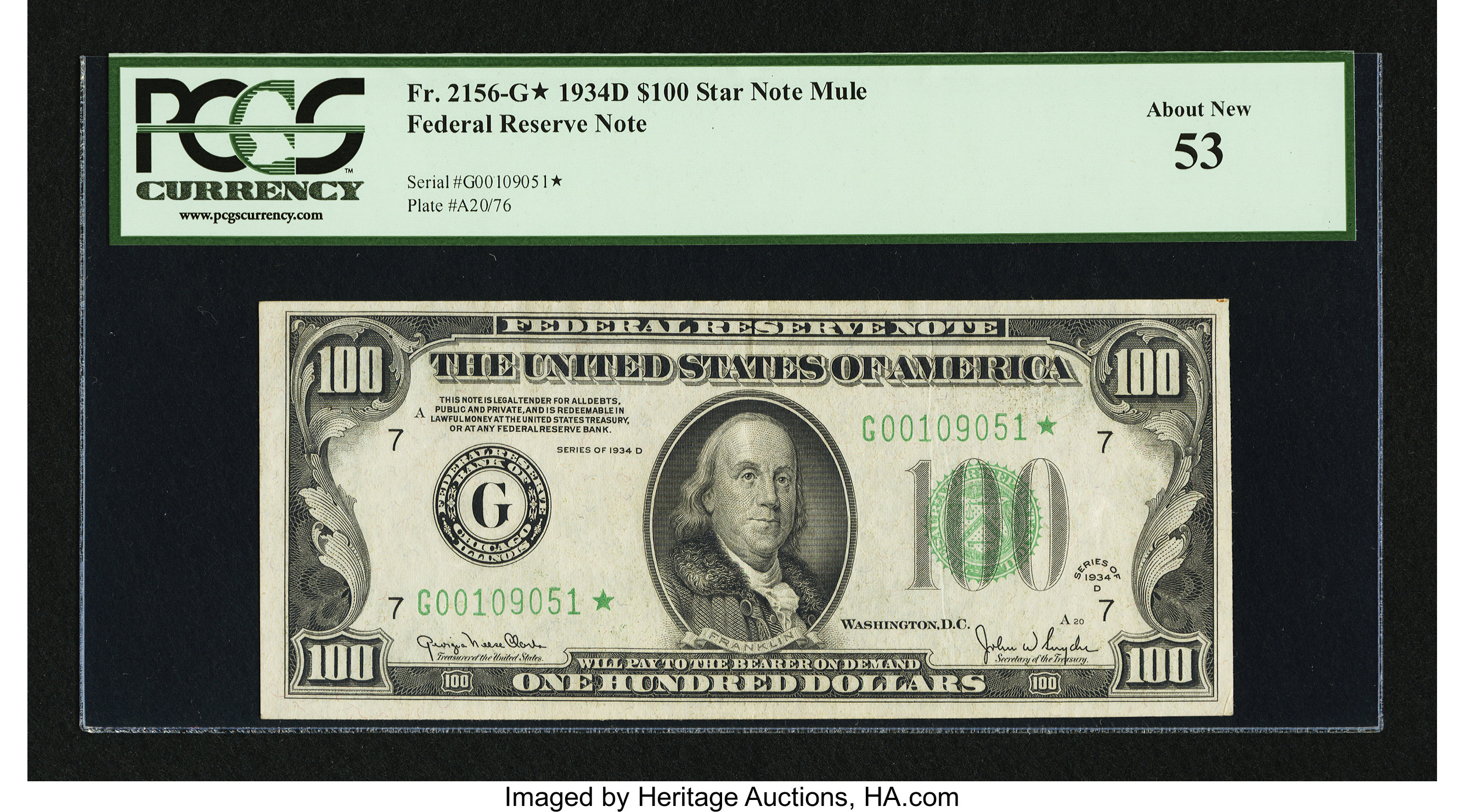 image for: Fr. 2156-G* $100 1934D Mule Federal Reserve Note. PCGS About New 53....