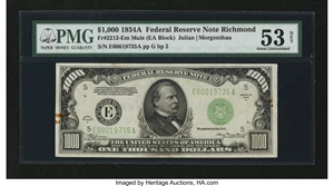 image for: Fr. 2212-E $1000 1934A Federal Reserve Note. PMG About Uncirculated 53 Net....