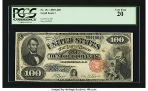 image for: Fr. 181 $100 1880 Legal Tender PCGS Very Fine 20....