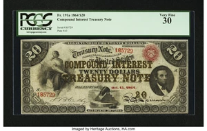 image for: Fr. 191a $20 1864 Compound Interest Treasury Note PCGS Very Fine 30....