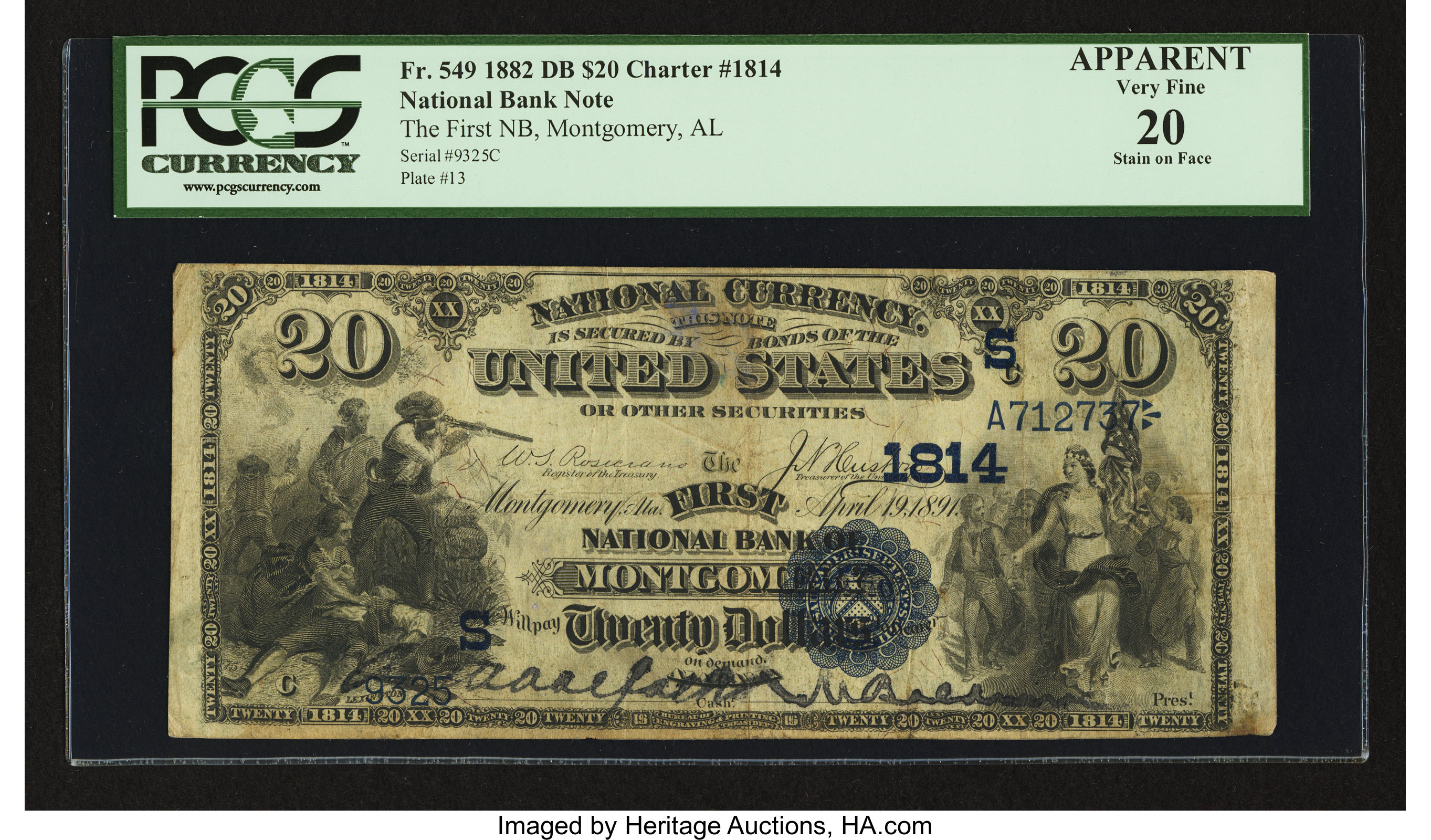 image for: Montgomery, AL - $20 1882 Date Back Fr. 549 The First NB Ch. # (S)1814...