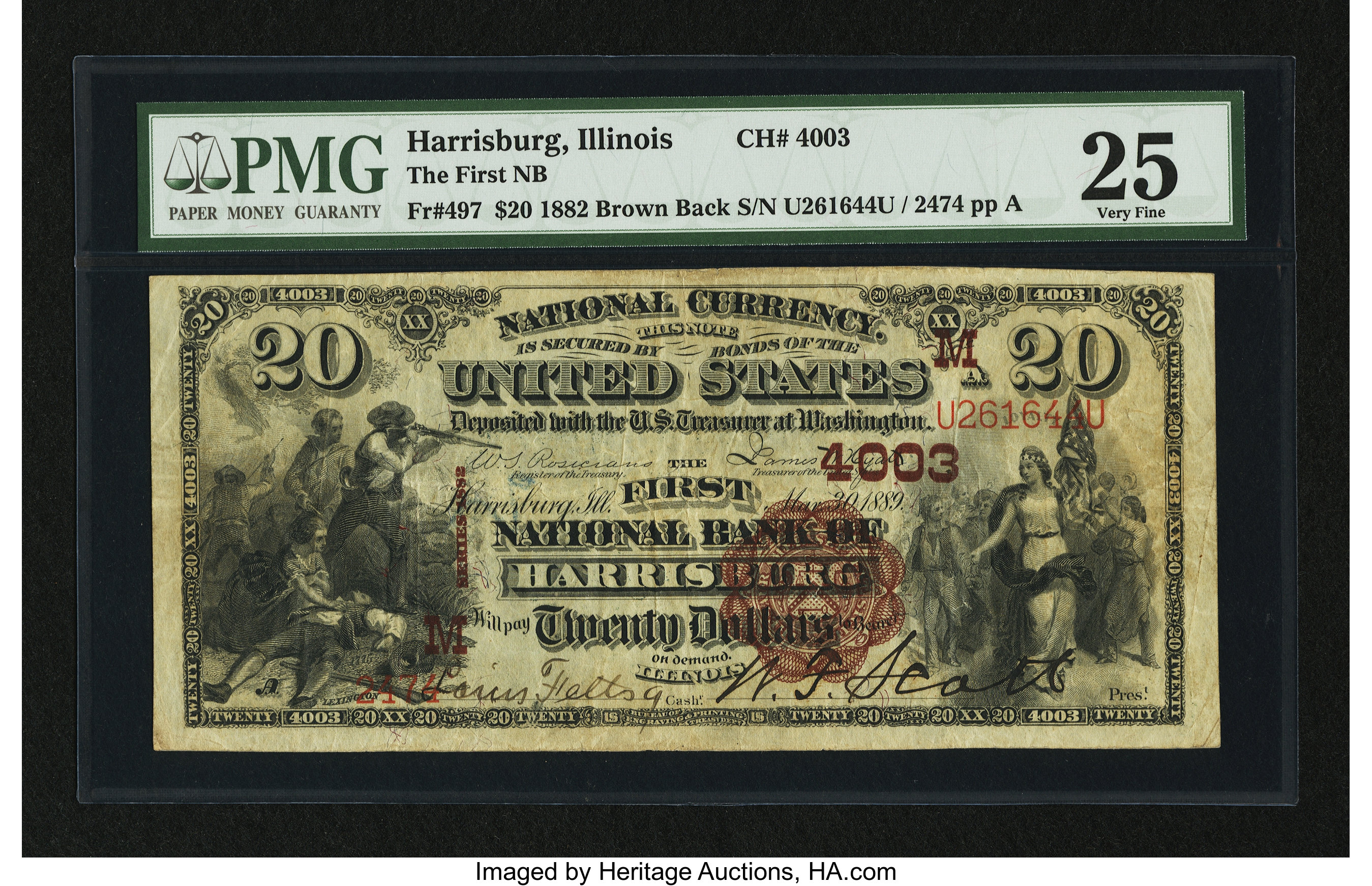 image for: Harrisburg, IL - $20 1882 Brown Back Fr. 497 The First NB Ch. # (M)4003...