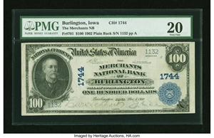 image for: Burlington, IA - $100 1902 Plain Back Fr. 701 The Merchants NB Ch. # 1744...