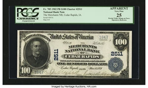 image for: Cedar Rapids, IA - $100 1902 Plain Back Fr. 705 The Merchants NB Ch. # 2511...