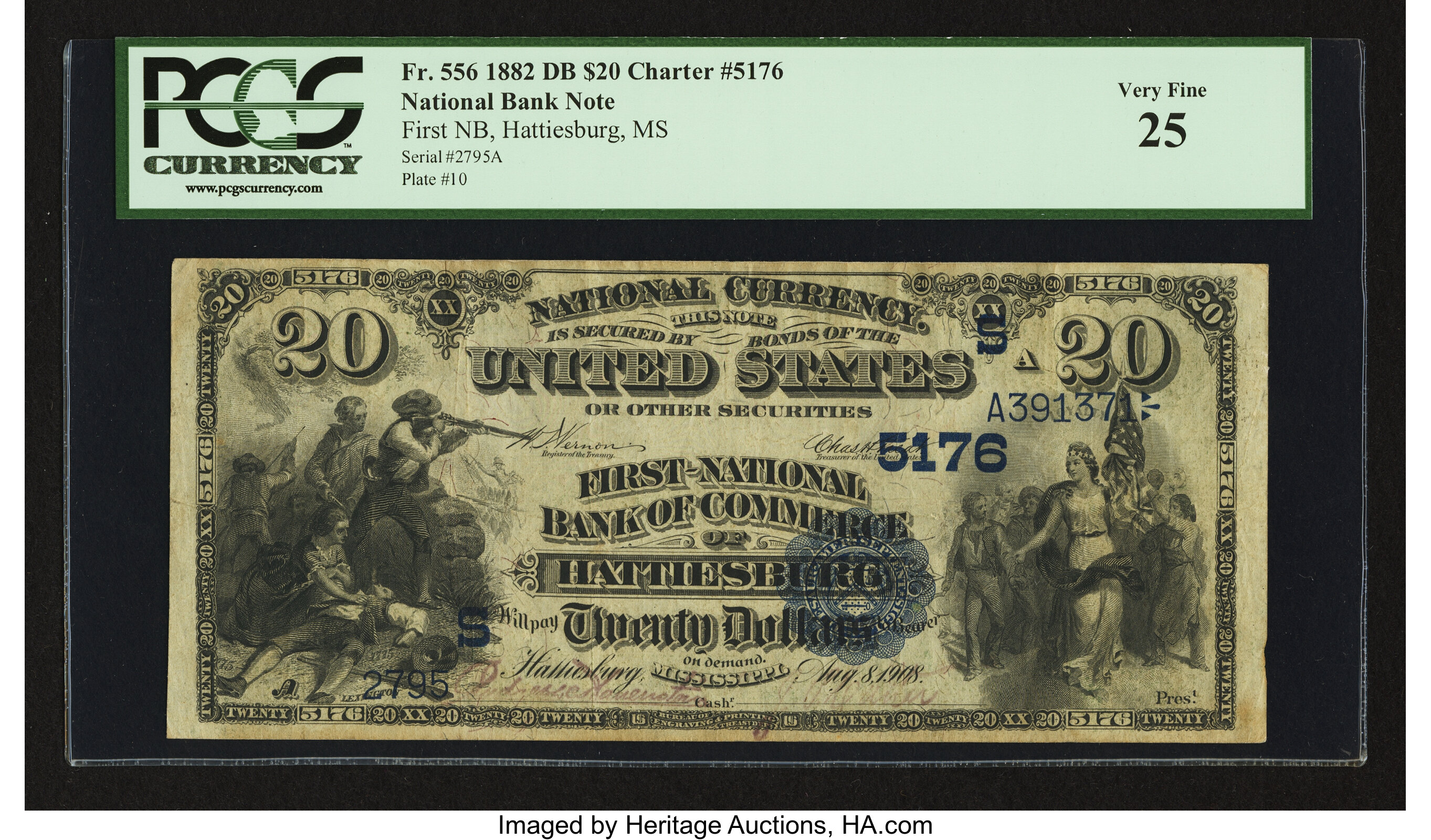 image for: Hattiesburg, MS - $20 1882 Date Back Fr. 556 First-NB of Commerce Ch. # (S)5176...