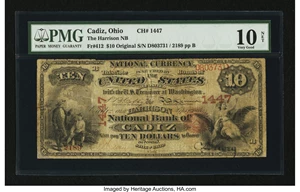 image for: Cadiz, OH - $10 Original Fr. 412 The Harrison NB Ch. # 1447...