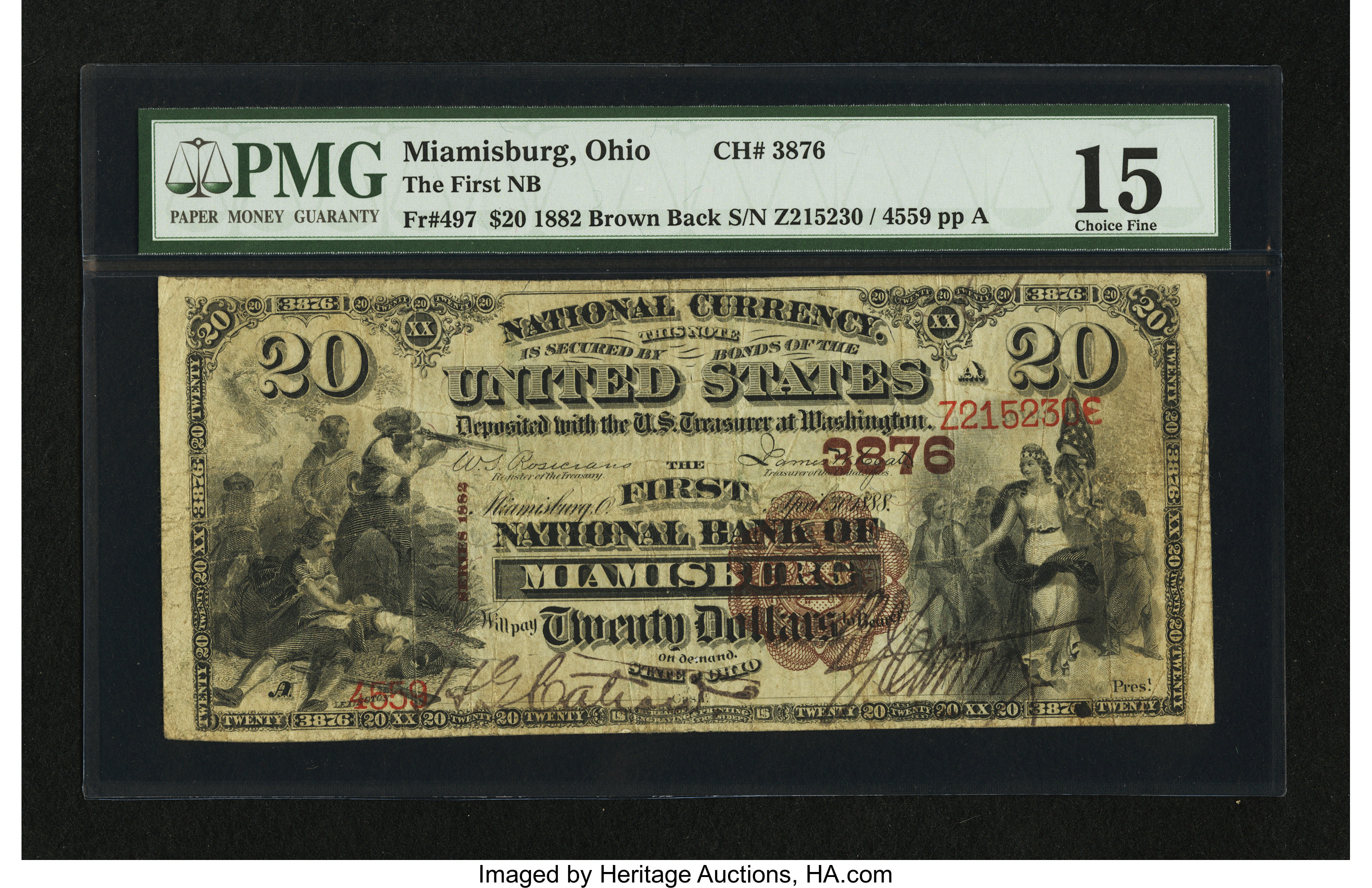 image for: Miamisburg, OH - $20 1882 Brown Back Fr. 497 The First NB Ch. # 3876...