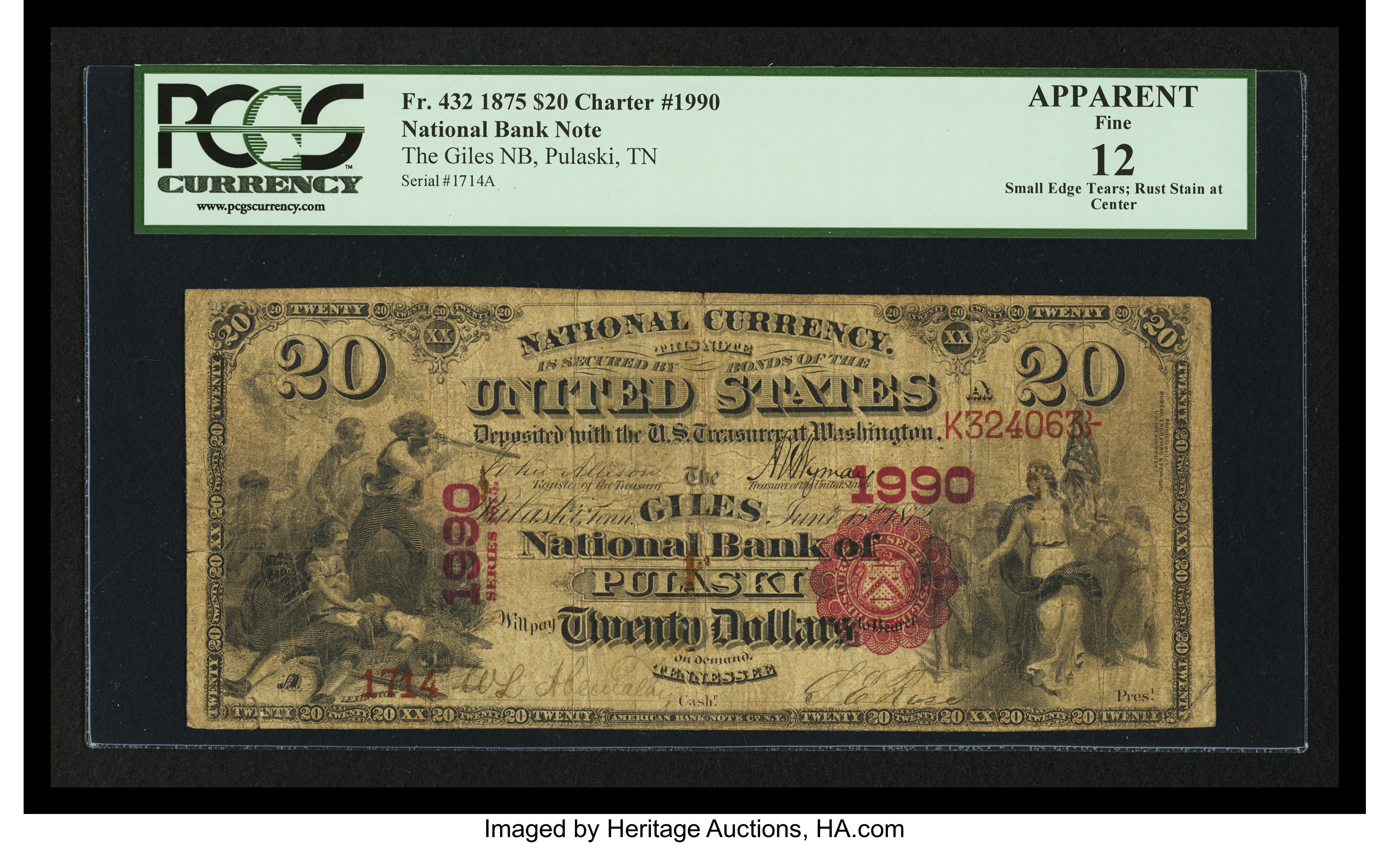 image for: Pulaski, TN - $20 1875 Fr. 432 The Giles NB Ch. # 1990...