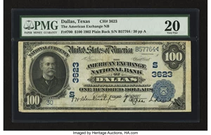 image for: Dallas, TX - $100 1902 Plain Back Fr. 700 The American Exchange NB Ch. # (S)3623...