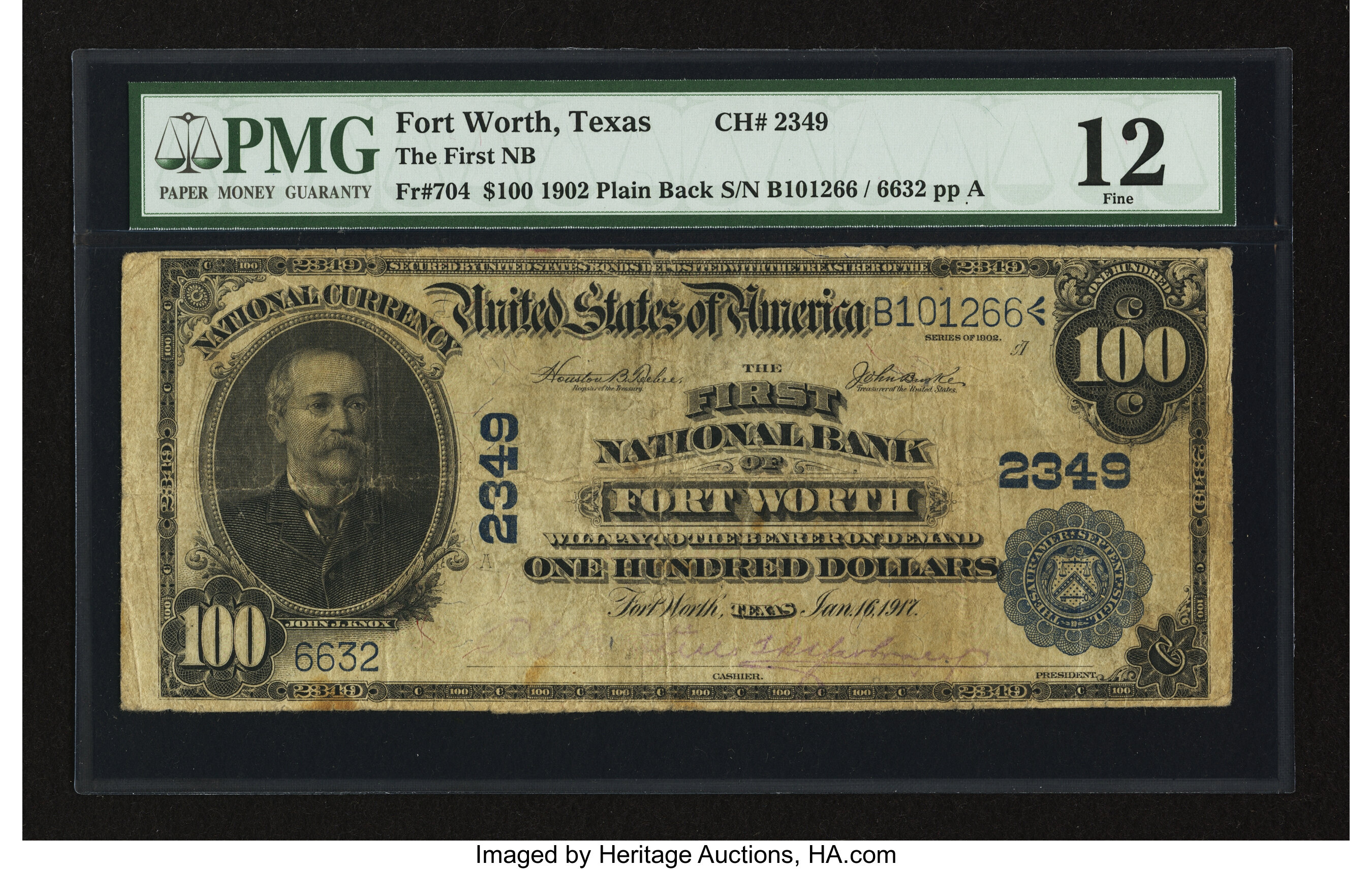 image for: Fort Worth, TX - $100 1902 Plain Back Fr. 704 The First NB Ch. # 2349...