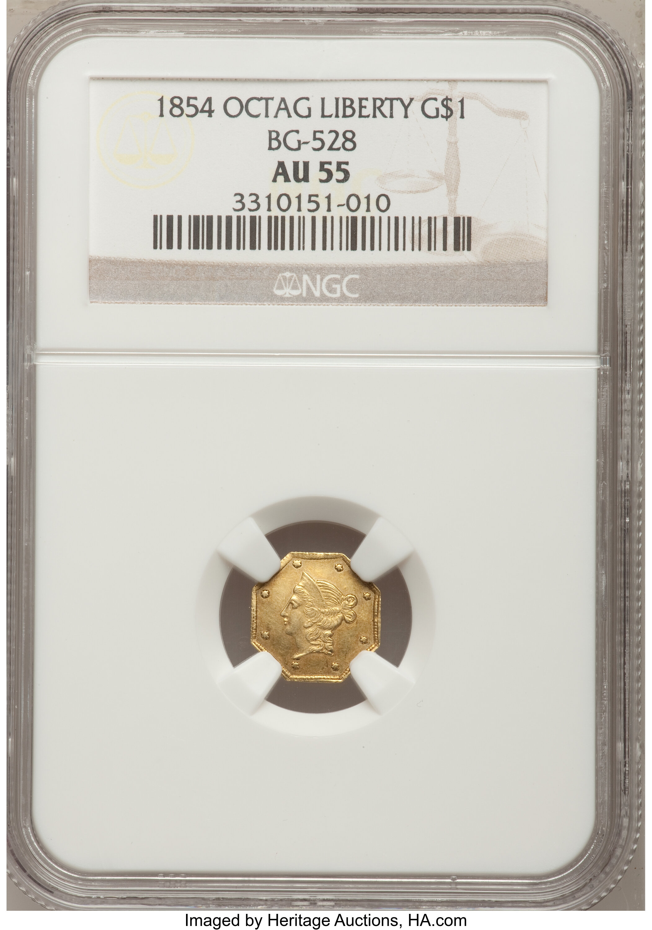 image for: 1854 $1 Liberty Octagonal 1 Dollar, BG-528, R.6, AU55 NGC....