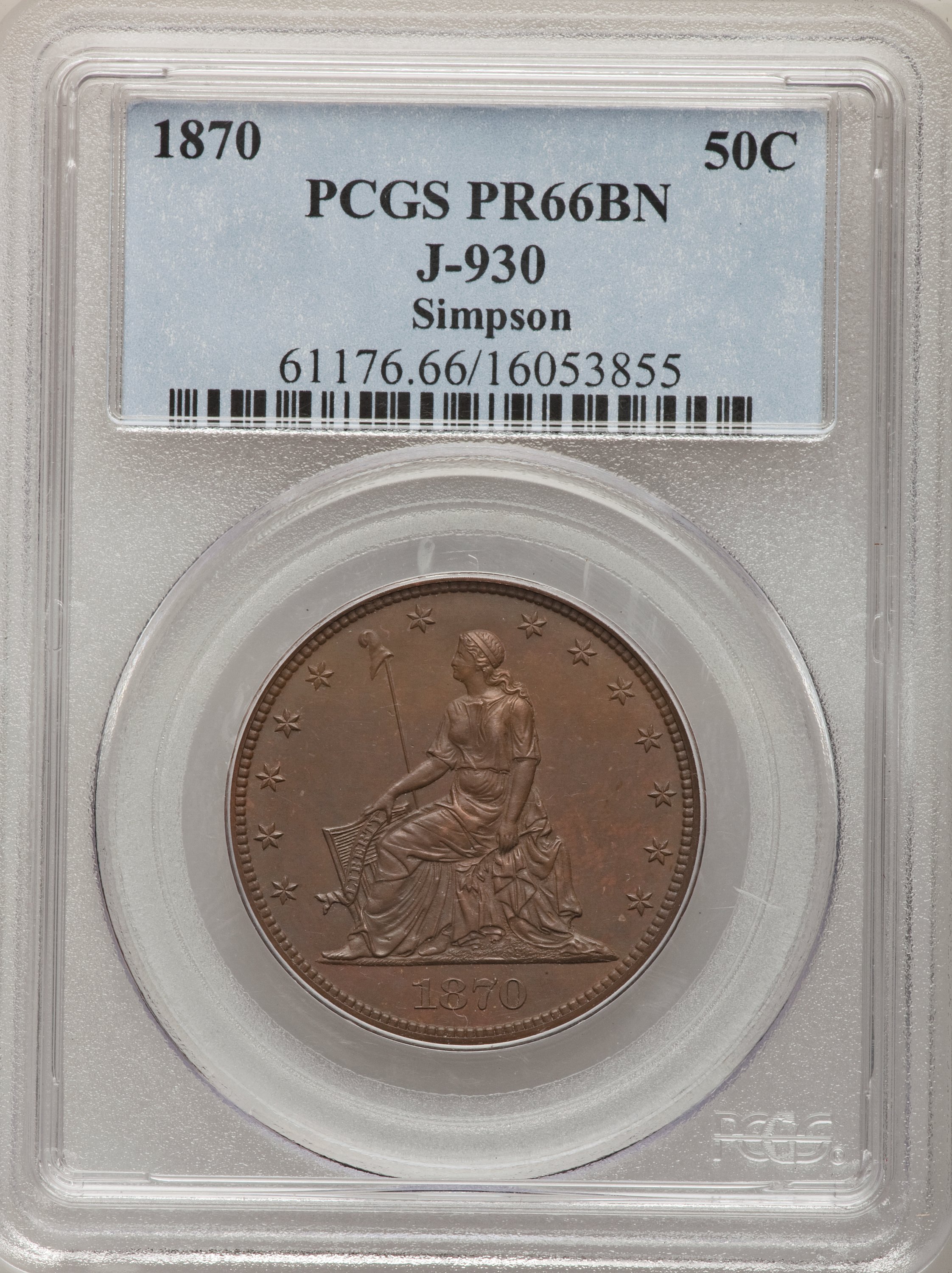 image for: 1870 50C Standard Silver Half Dollar, Judd-930, Pollock-1035, High R.7, PR66 Brown PCGS. Ex: Simpson. PCGS Population (1/0)...