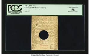 image for: Connecticut July 1, 1780 2s 6d Hole Cancelled PCGS Choice About New 58....