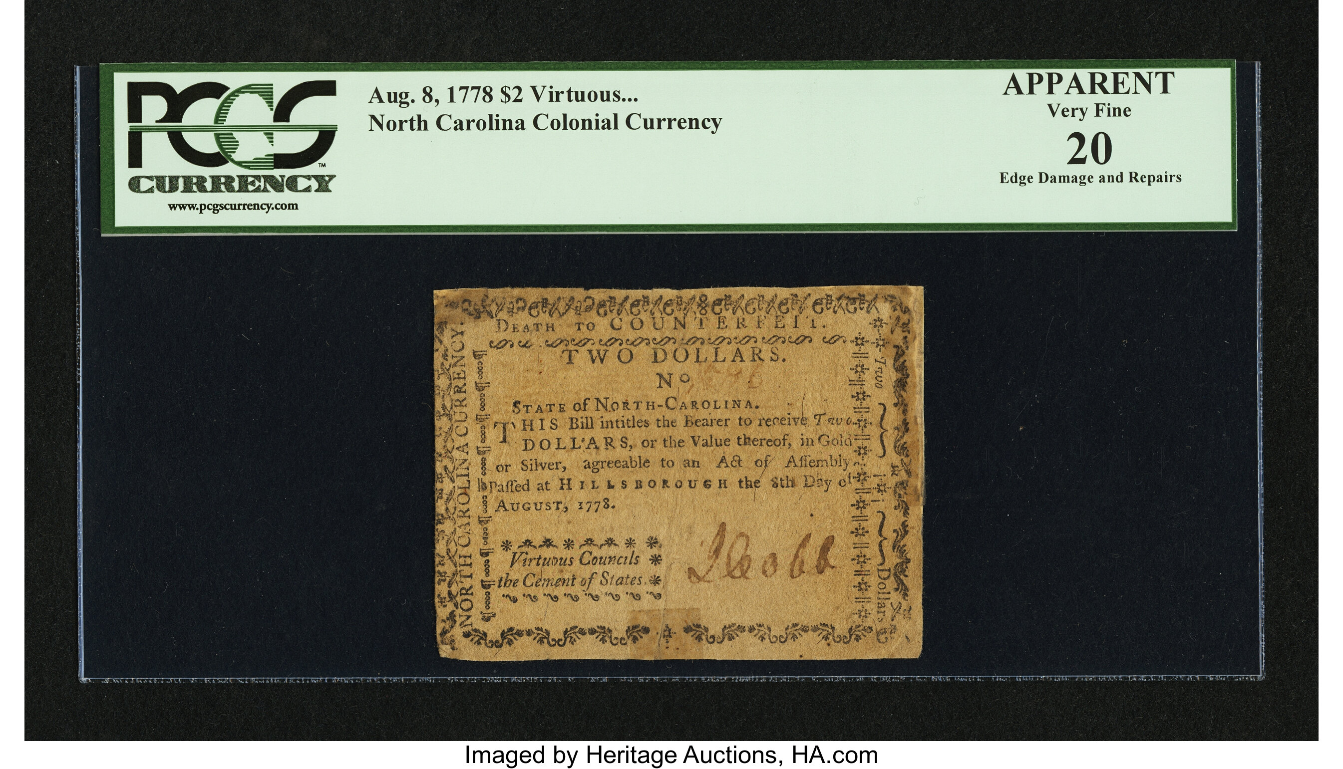 image for: North Carolina August 8, 1778 $2 PCGS Apparent Very Fine 20....