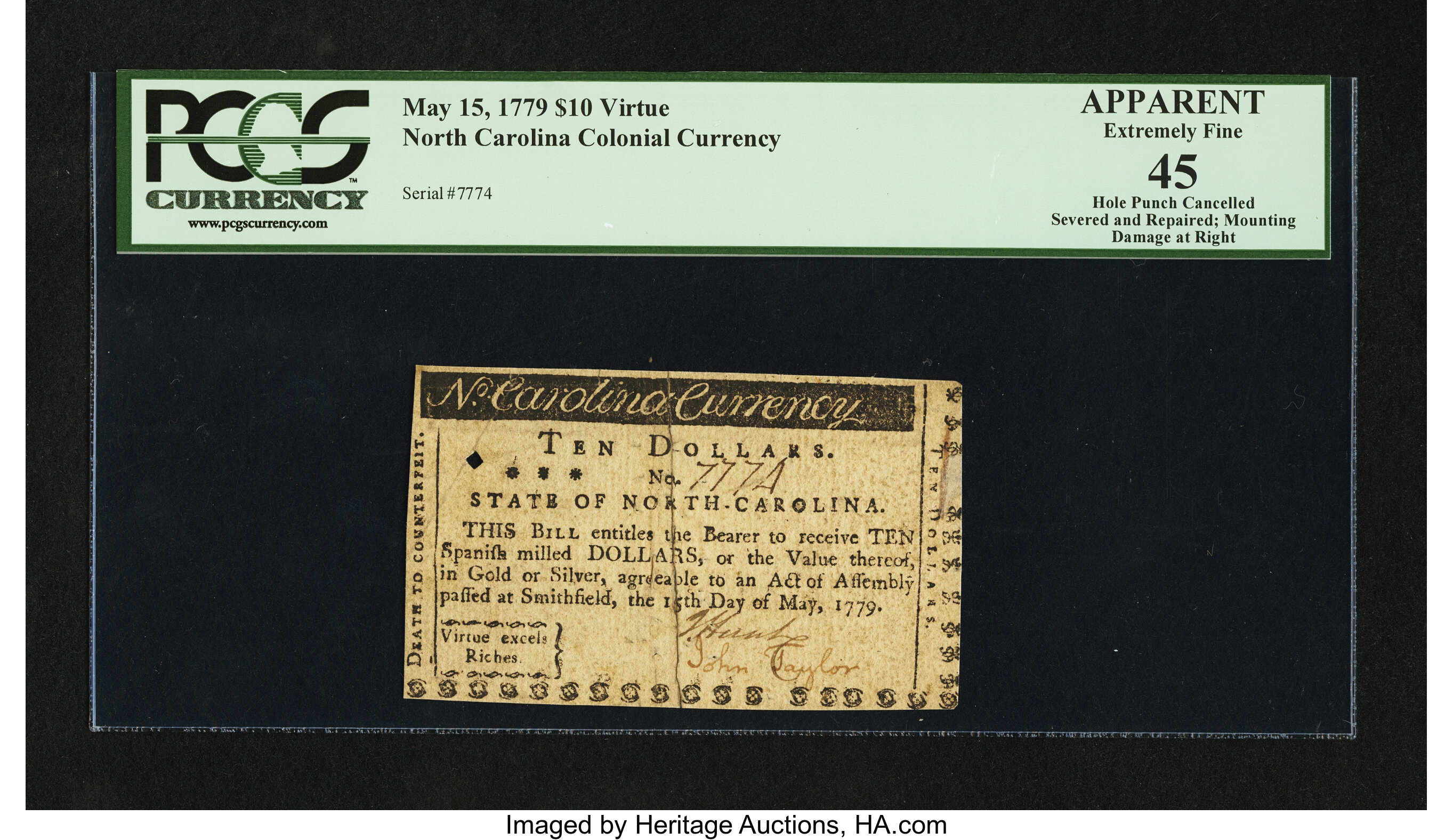 image for: North Carolina May 15, 1779 $10 PCGS apparent Extremely Fine 45....