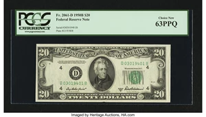 image for: Fr. 2061-D $20 1950B Federal Reserve Note. PCGS Choice New 63PPQ....
