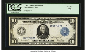 image for: Fr. 937 $10 1914 Federal Reserve Note PCGS Very Fine 20....