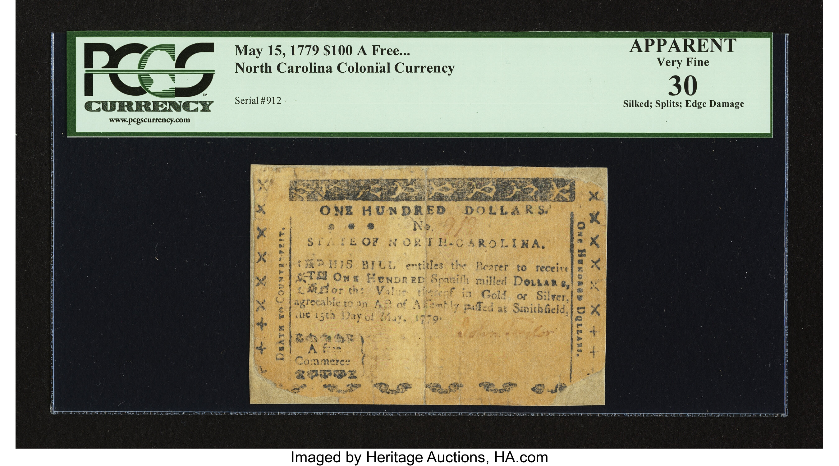 image for: North Carolina May 15, 1779 $100 PCGS Apparent Very Fine 30....