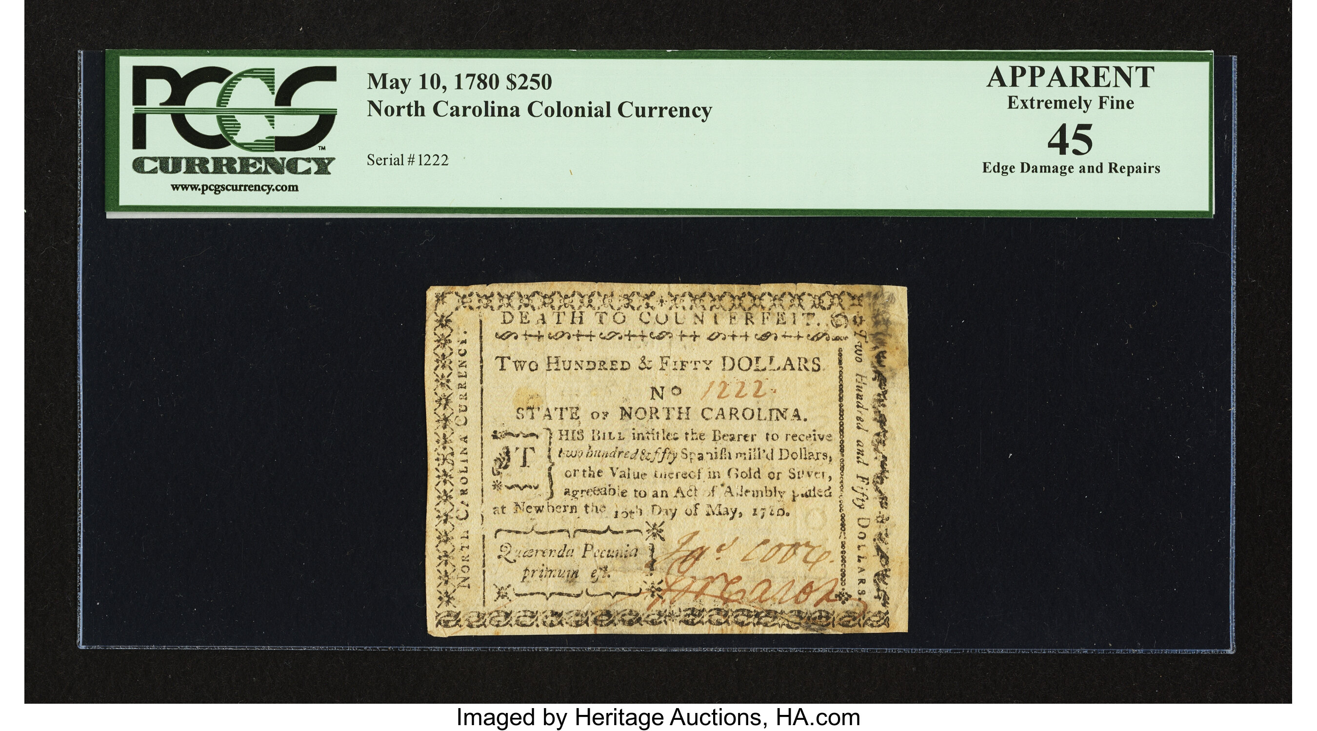 image for: North Carolina May 10, 1780 $250 PCGS Apparent Extremely Fine 45....