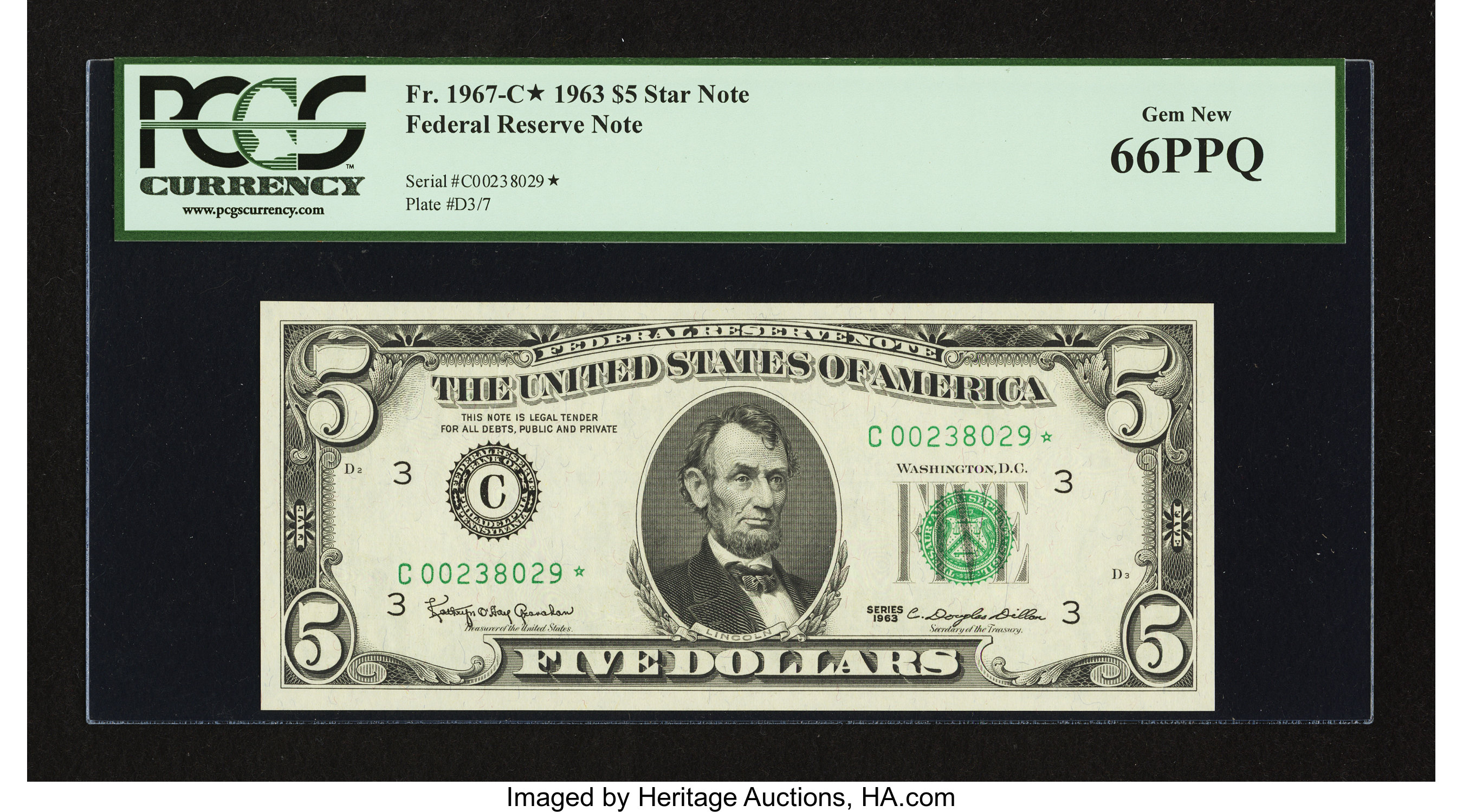 image for: Fr. 1967-C* $5 1963 Federal Reserve Note. PCGS Gem New 66PPQ....