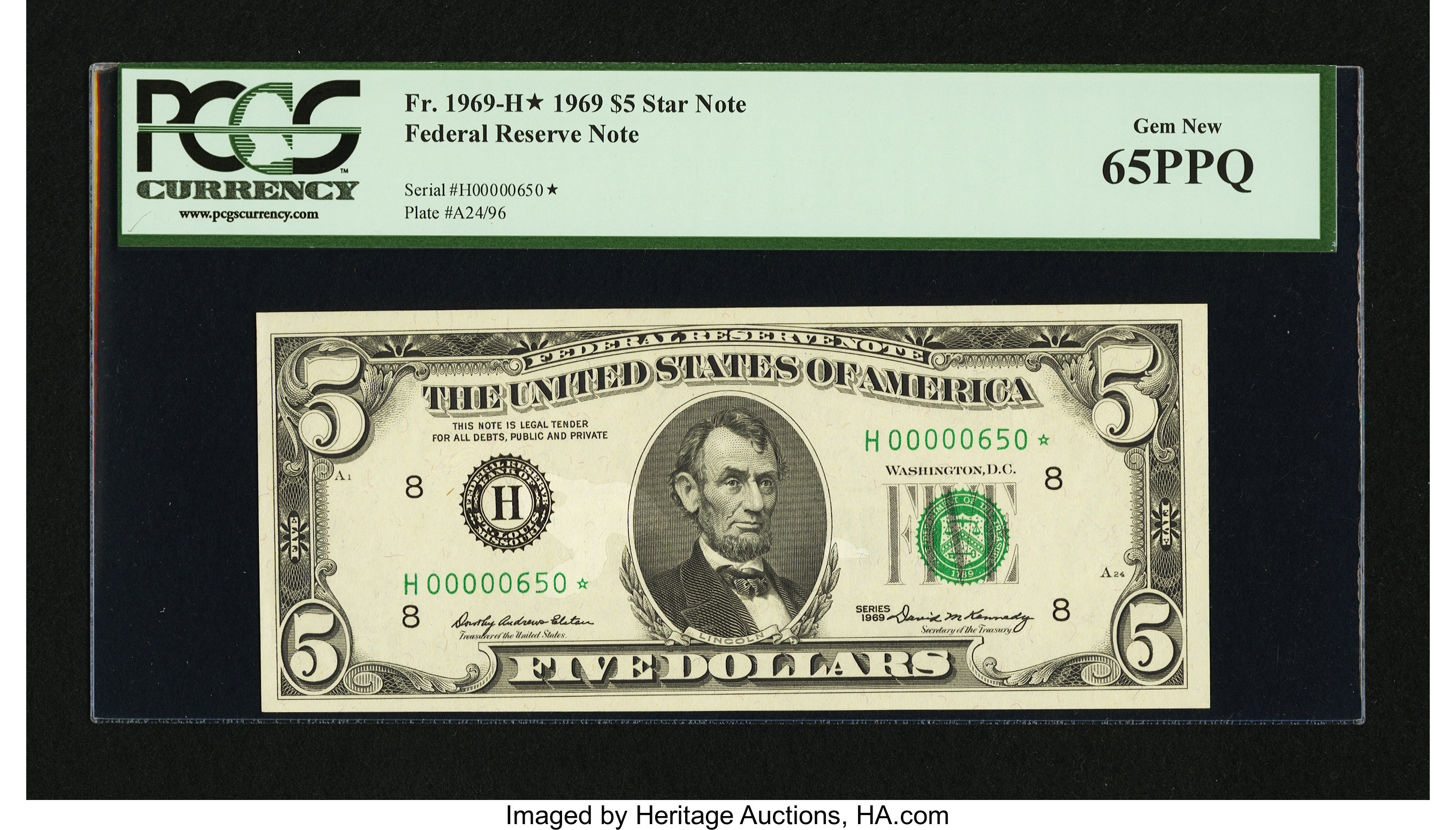 image for: Fr. 1969-H* $5 1969 Federal Reserve Note. PCGS Gem New 65PPQ....