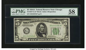 image for: Fr. 1957-G* $5 1934A Federal Reserve Star Note. PMG Choice About Unc 58....