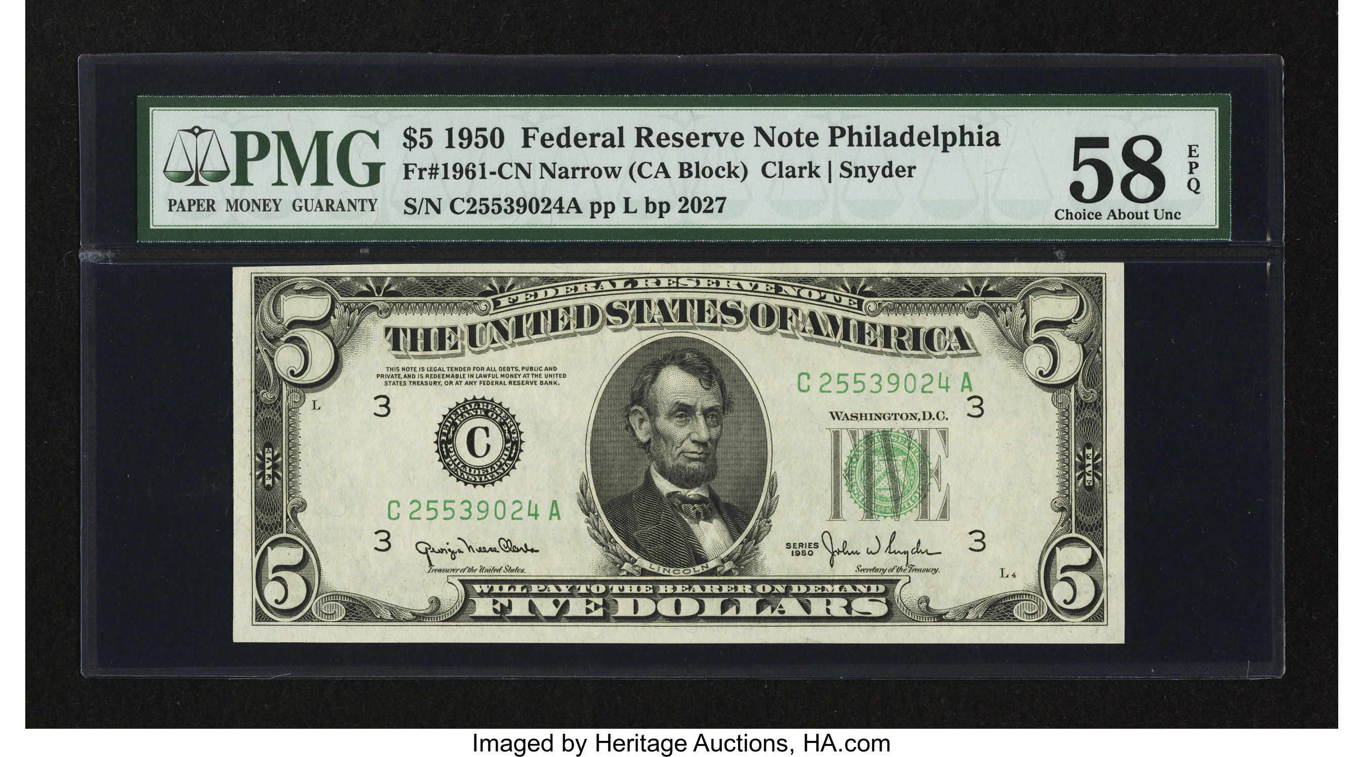 image for: Fr. 1961-C $5 1950 Narrow Federal Reserve Note. PMG Choice About Unc 58 EPQ....